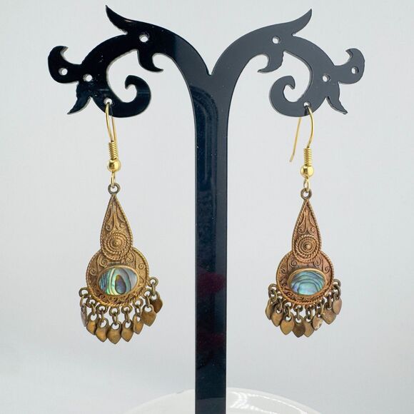 Vintage Boho Brass Dangle Earrings with Abalone Inlay and Teardrop Filigree - Picture 1 of 8